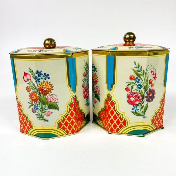 Vintage Octagon Floral Floral Tins Containers Tea Biscuits Set Of 2 Germany - Picture 1 of 9
